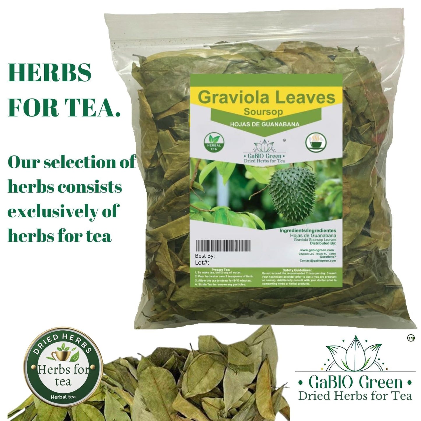 Gabio Green- Whole Soursop leaves(1 Pound / 16.2oz) 1.350 leaves aprox, Big Bag, Hojas de guanabana, tea Soursop, Dried Herbs,.