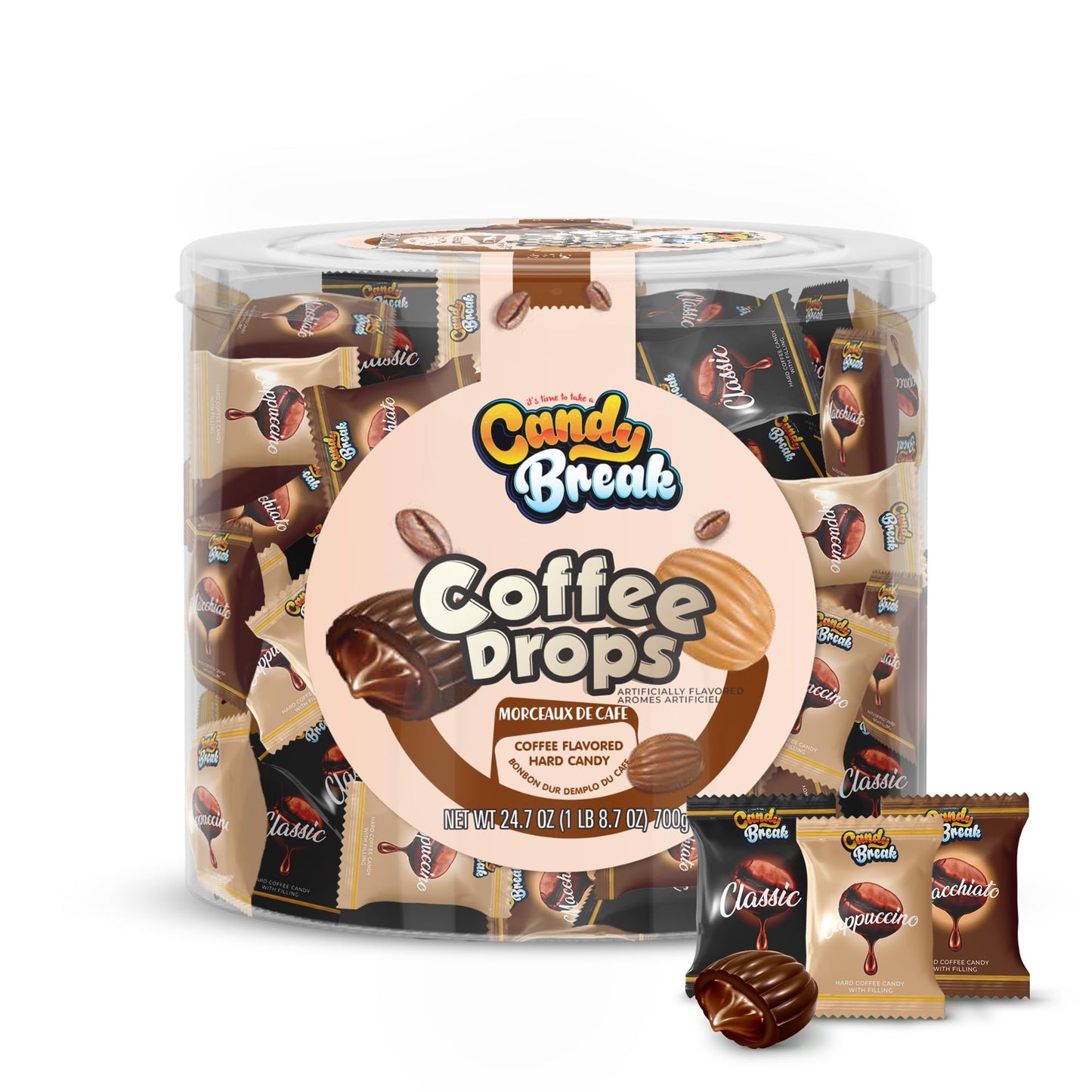 CANDY BREAK Coffee Drops, Center Filled Hard Candy, Macchiato & Espresso Flavors, 24.7 Oz Bulk Bag