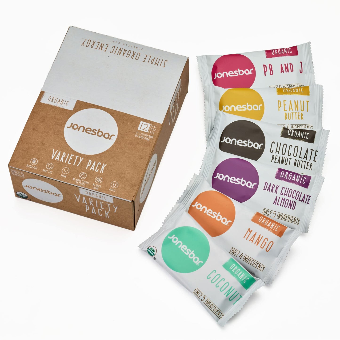 JONESBAR Organic Plant Based Protein Bars | 6 Flavor Variety Pack | Fruit & Nut Bar, Kosher, Gluten Free, Breakfast Bars, School