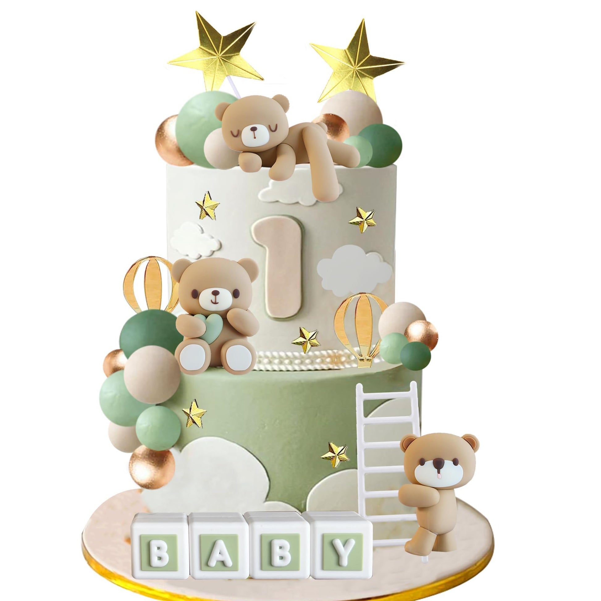 Bear Cake Toppers Bear Balls Cake Decorations With Baby Letters For Boy Girl Baby Shower Birthday Party Decorations (Green)