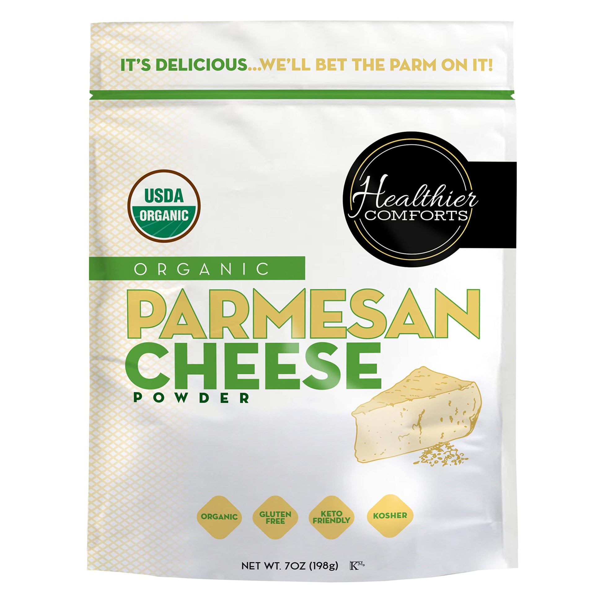 Healthier Comforts Organic Parmesan Cheese Powder, Kosher, Non-Gmo, Chemical Free, Gluten Free, Keto Friendly, From Cows Raised Free Of  S Or  S (Rbgh Or Rbst) (7 Ounce (Pack Of 1), Organic Parmesan)
