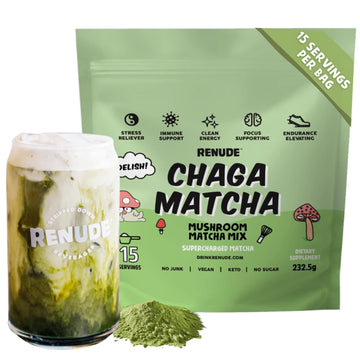Renude Chaga Matcha - Ceremonial Grade Matcha Superfood Drink Mix With Adaptogens - Mushroom Matcha - Keto, Vegan, And Sugar Fre