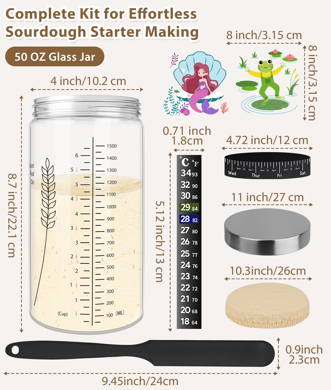 Keafont Sourdough Starter Jar Kit, 50oz Large Capacity, Wide Mouth, 2 Pack, Black, Model WN-WYYY-CIT8