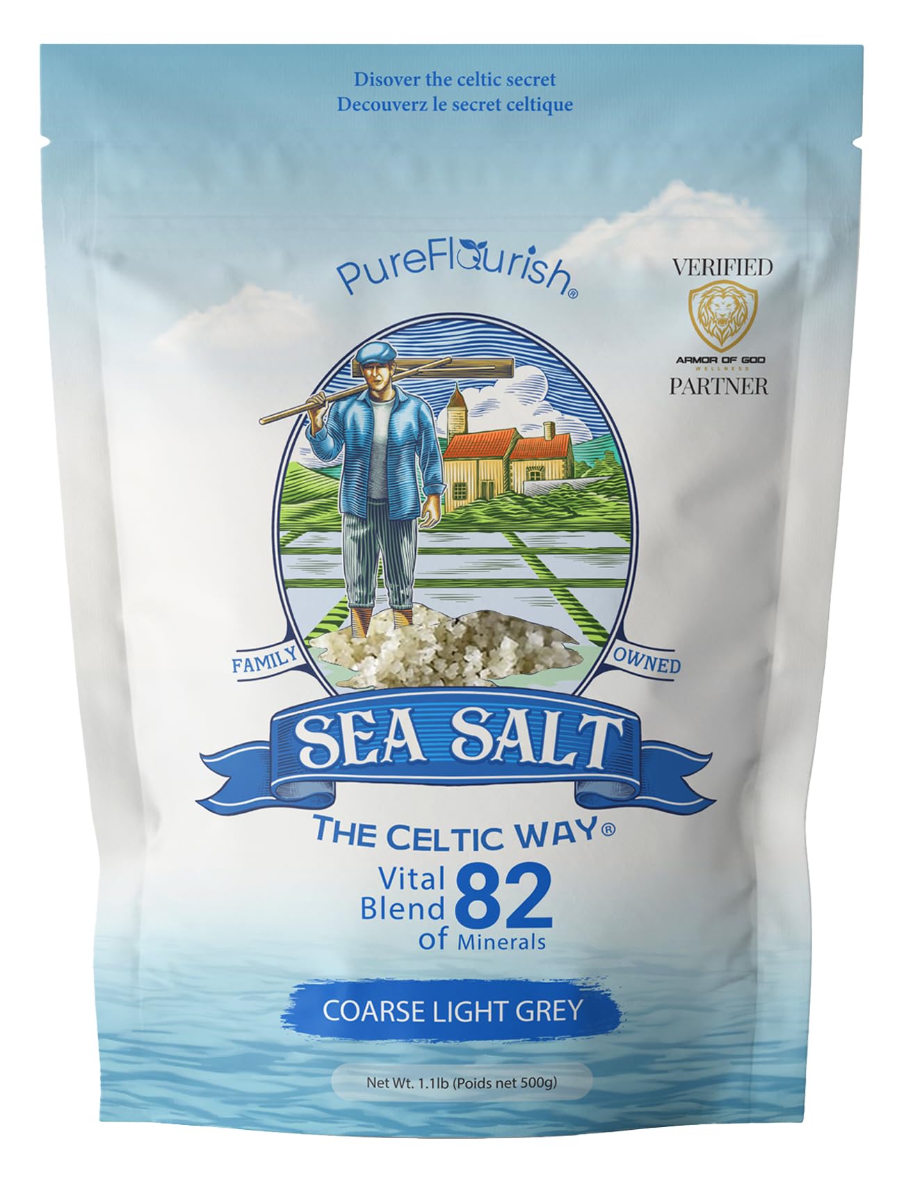 Pure Flourish Sea Salt - The Celtic Way 1.1 LB | Certified French Harvest & Import | Organic & Unrefined | Rich in 82 Essential Minerals | Hand Harvested Light Grey Celtic Salt Crystals from France