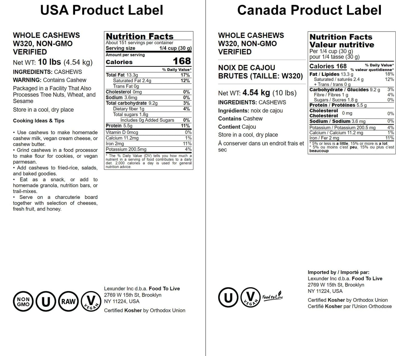 Food To Live Raw Cashews, 10 Pounds — Non-Gmo Verified, Deluxe Whole Nuts, Unsalted, Unroasted, Size W-320, Vegan, Kosher, Bulk