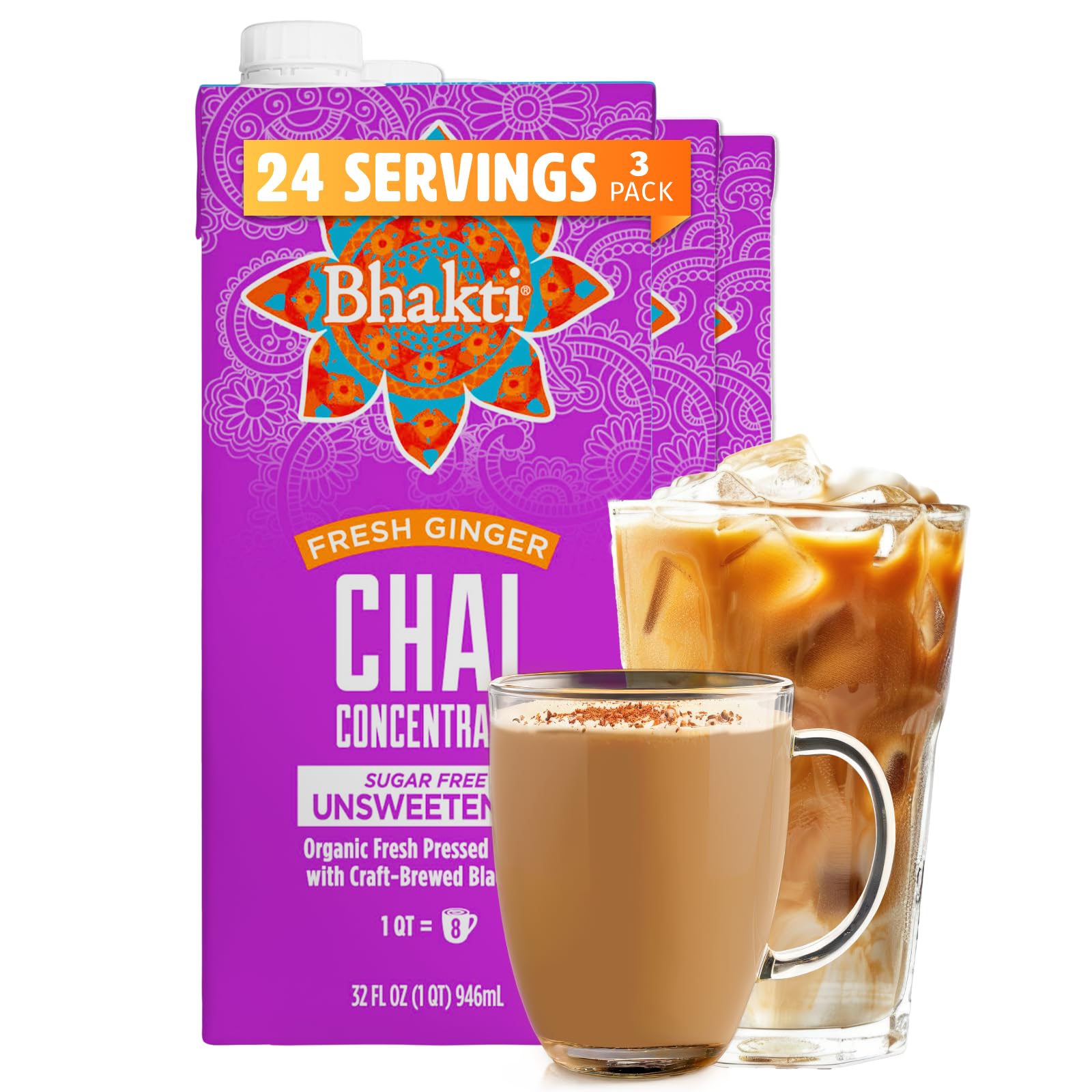 Bhakti Chai Tea Concentrate, Unsweetened Ginger & Black Tea Blend, Organic, Vegan, Gluten-Free, 32 Fl Oz (Pack of 3)