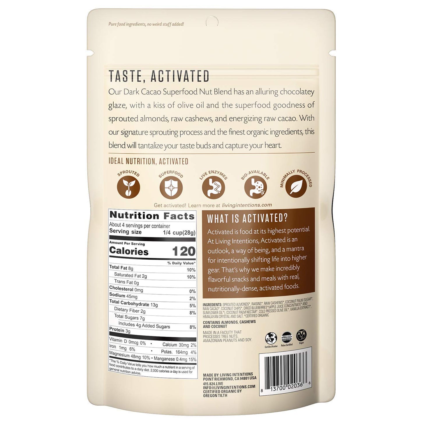 Living Intentions Sprouted Organic Nut Blend, Dark Cacao, 4 Ounce, Non-GMO, Gluten Free, Vegan, Paleo, Kosher