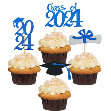 2024 Glittery Graduation Cupcake Toppers (48 Pieces) Class Of 2024 Graduation Cap Diploma Cupcake Toppers For Graduation Party, 
