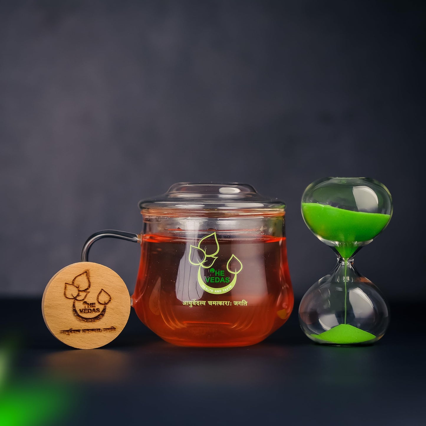 The Vedas Tea Chest Enhanced Tea Gift Set | 48 Handstitched Cotton Teabags | 12 Flavours | 1 The Vedas Branded Mug With Infuser | 1 Sand Clock Specially Designed For Our Teas | 1 Coaster