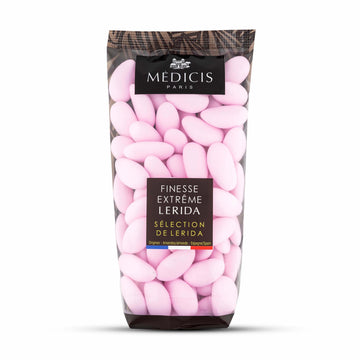 Medicis enhanced Candied Almond Dragees (French Jordan Almonds) Sugar Coated Candies Ideal as a Party Favor for Weddings and Baby Showers, 75 count bag 8.8oz, Pink