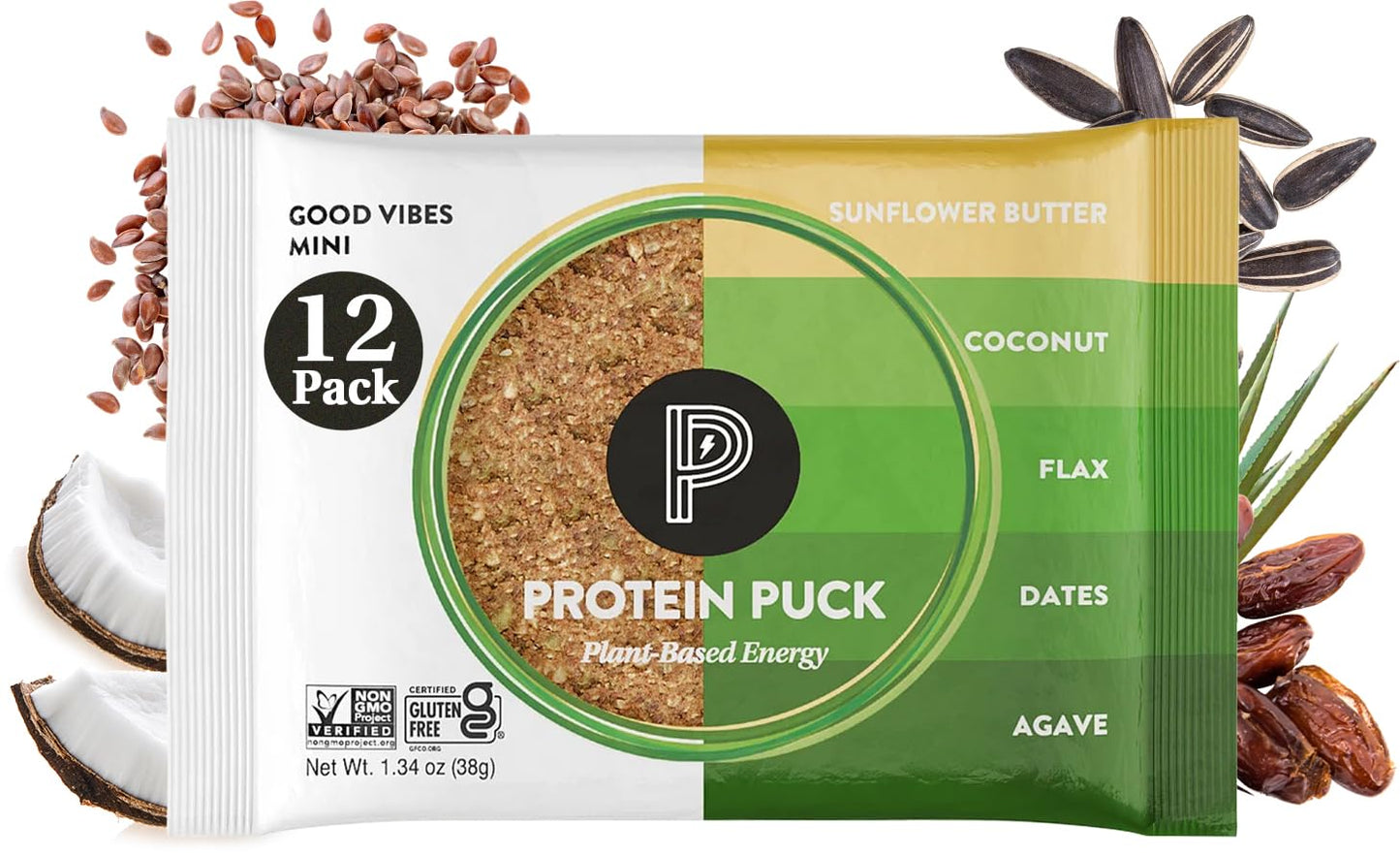 Protein Puck Vegan Plant Based Protein Bar – Natural Healthy Snack Bars, 12 Count, 1.34Oz Mini, Gluten Free, Dairy Free, No Gmo, Kosher – Good Vibes - Coconut, Almonds, Dates, Sport Nutrition
