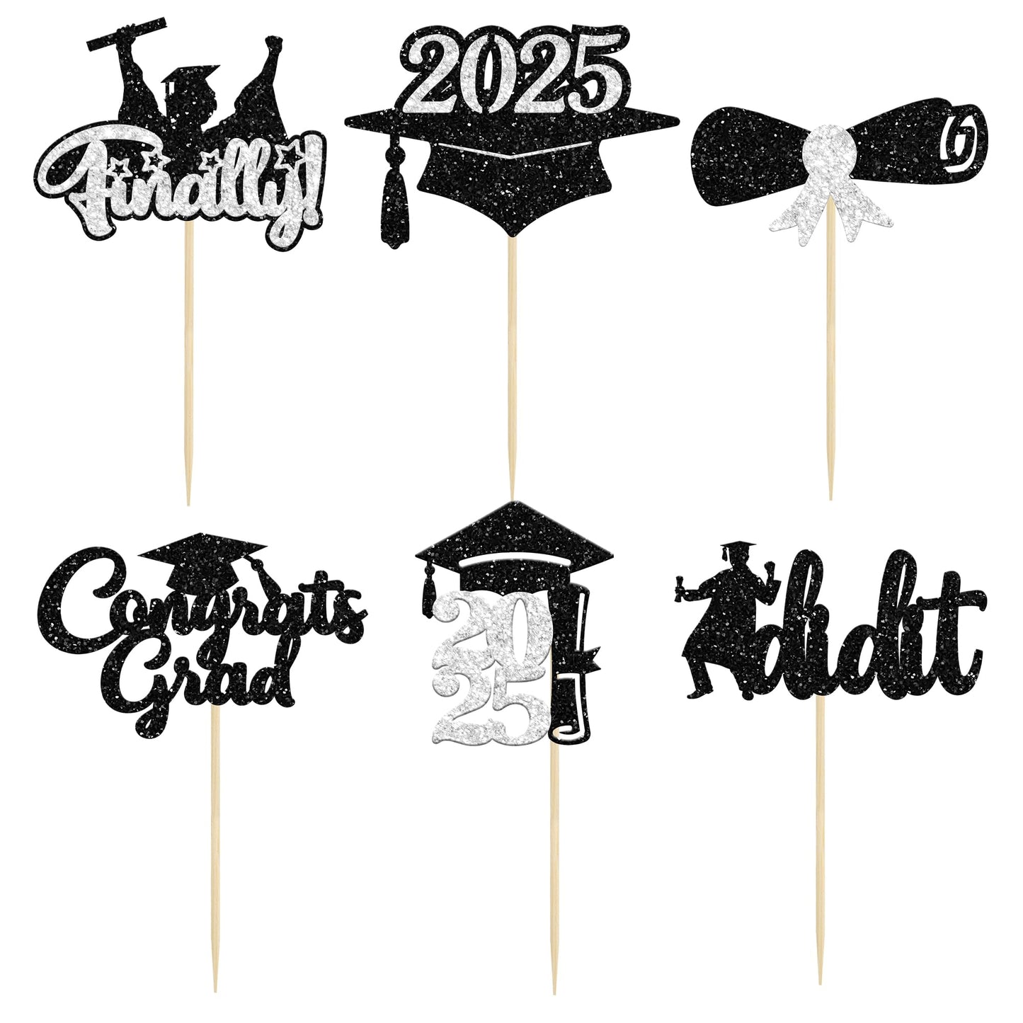 Gyufise 24Pcs Graduation Cupcake Toppers 2025 Silver Glitter Class Of 2025 Cupcake Toppers Supplies Diploma I Did It Congrats Gr