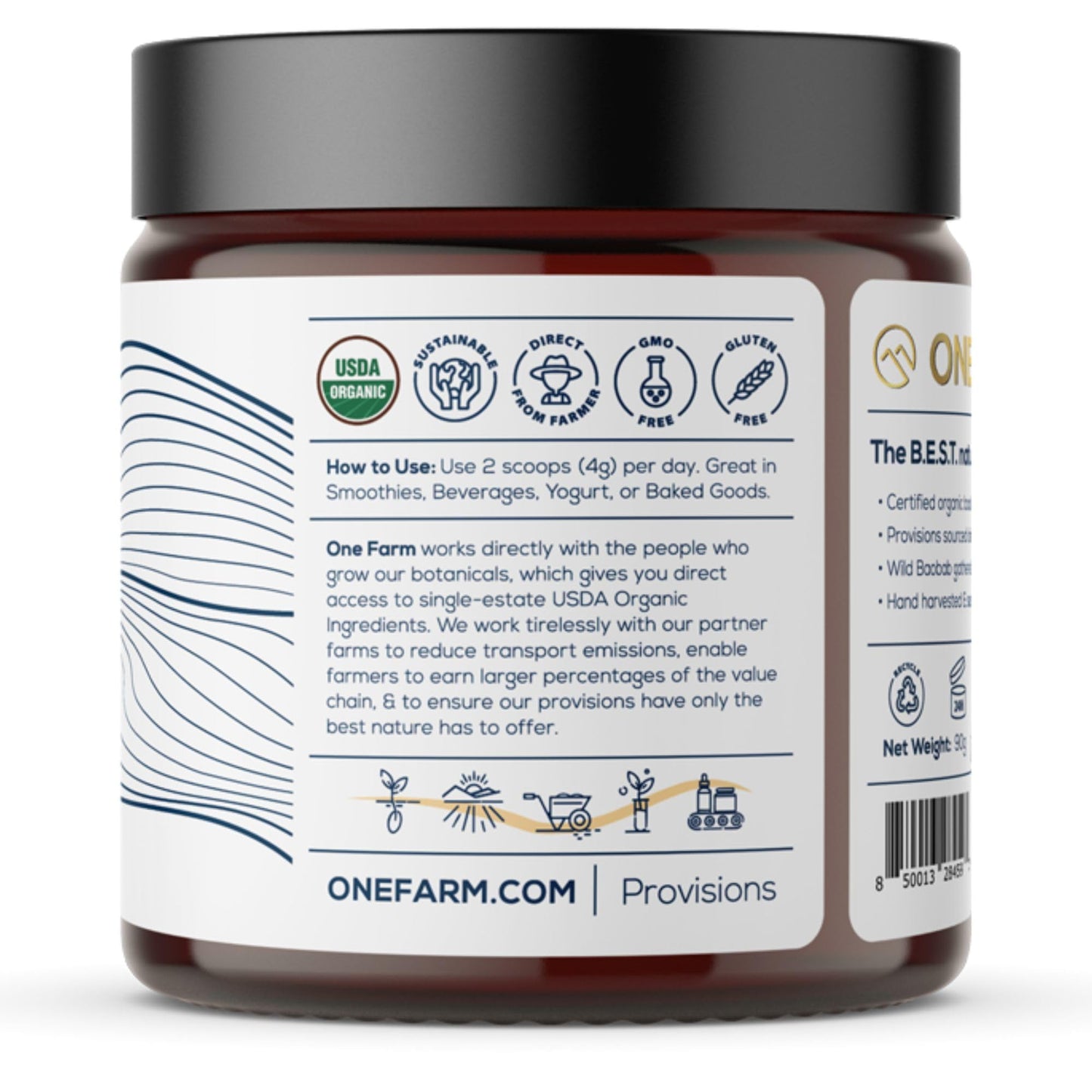 One Farm by WAAYB Organic Baobab Powder - Non-GMO, Fair-Trade, Vegan, Gluten Free, Premium Quality, 100% South African, Resealable Jar
