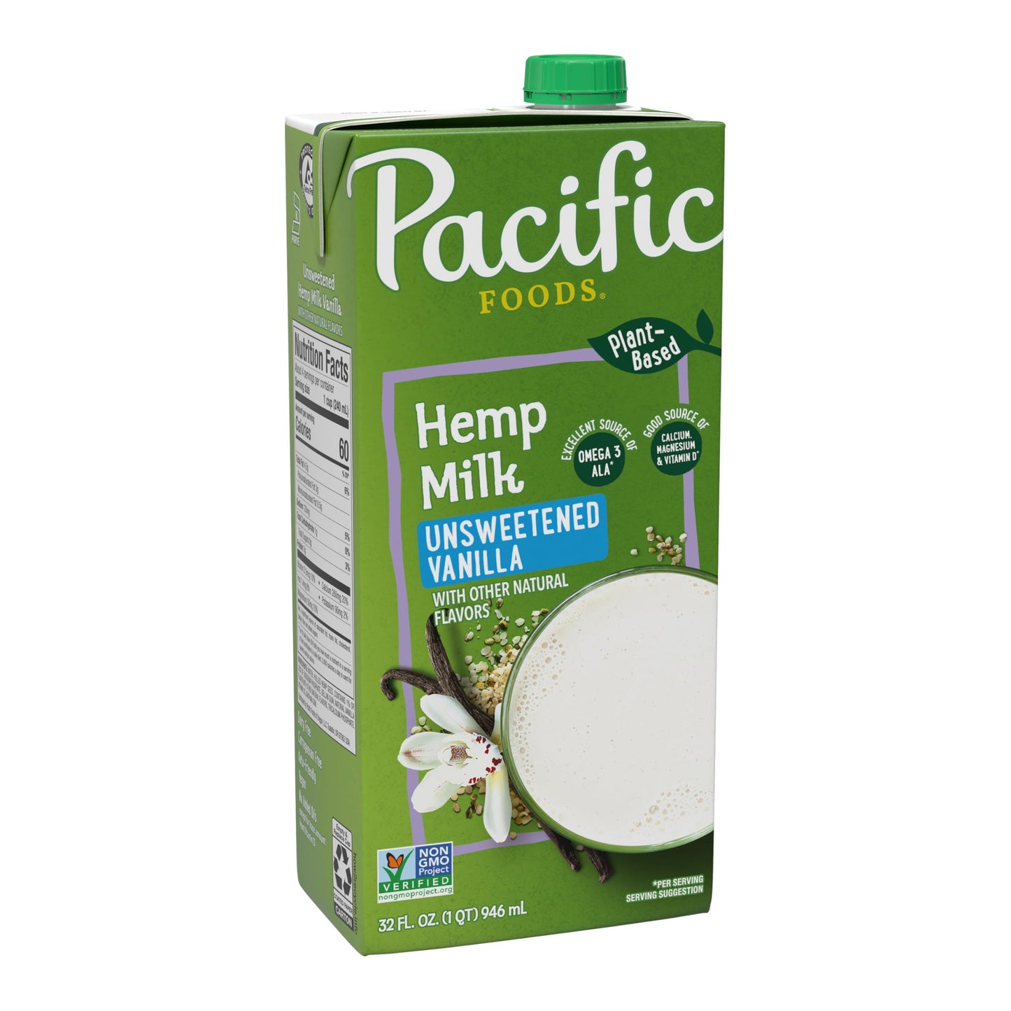 Pacific Foods Unsweetened Vanilla Hemp Milk, Plant Based Milk, 32 oz Carton