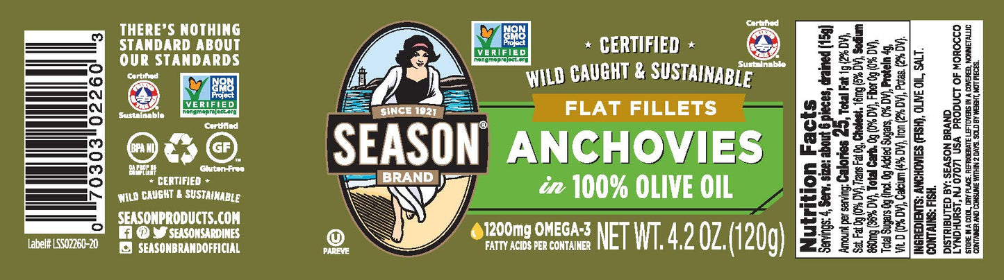 Season Anchovies In Olive Oil - Flat Anchovy Fillets, Wild Caught Fish, Canned Anchovies, Keto Snacks, Rich In B Vitamins, Low In Mercury, Kosher, Non-Gmo, 600Mg Of Omega-3-4.2 Oz Glass Jar, 12-Pack