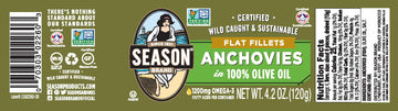 Season Anchovies In Olive Oil - Flat Anchovy Fillets, Wild Caught Fish, Canned Anchovies, Keto Snacks, Rich In B Vitamins, Low In Mercury, Kosher, Non-Gmo, 600Mg Of Omega-3-4.2 Oz Glass Jar, 12-Pack