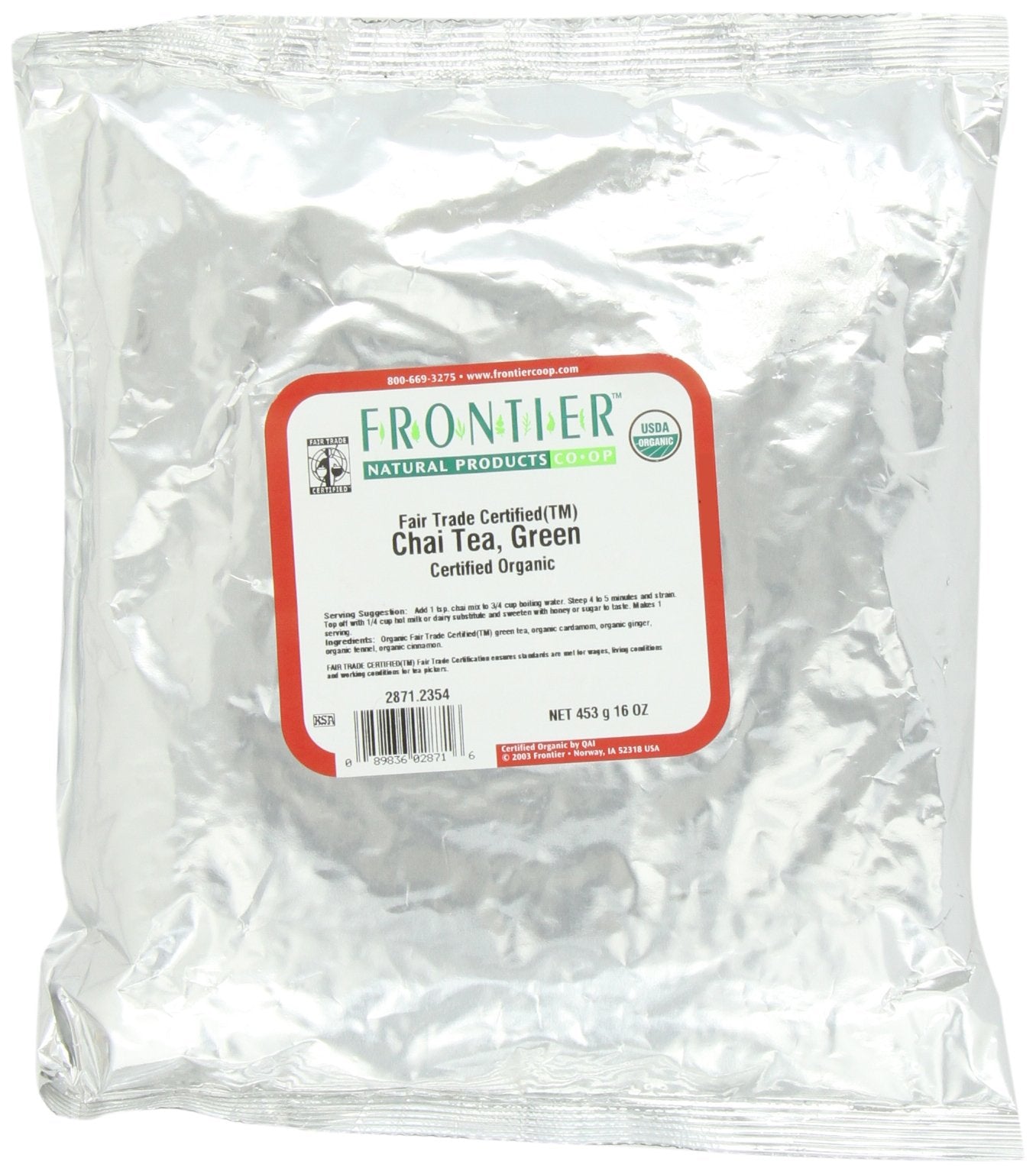 Frontier Co-Op Organic Chai Green Tea, 1-Pound Bulk, Robust Combination Of Green Tea & Spices, Great As Hot Tea, Fair Trade