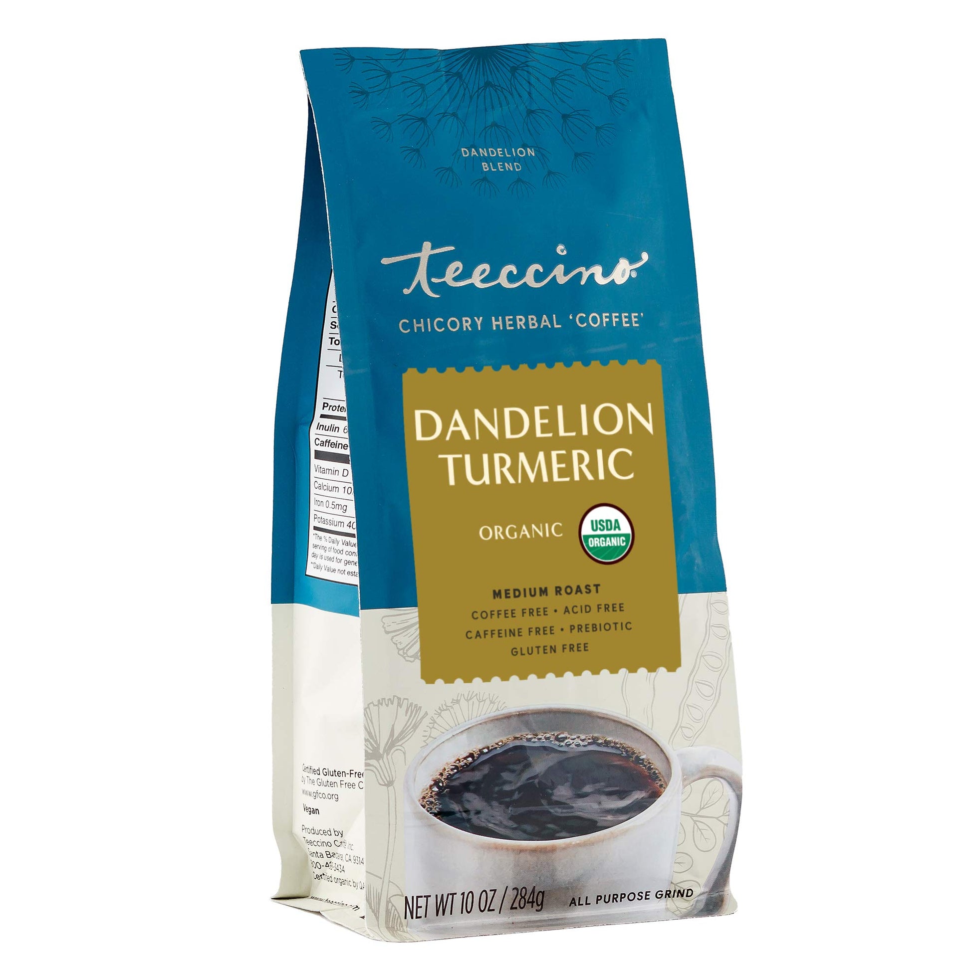 Teeccino Dandelion Turmeric Herbal Coffee - Caffeine-Free, Organic, Medium Roast - 10 oz