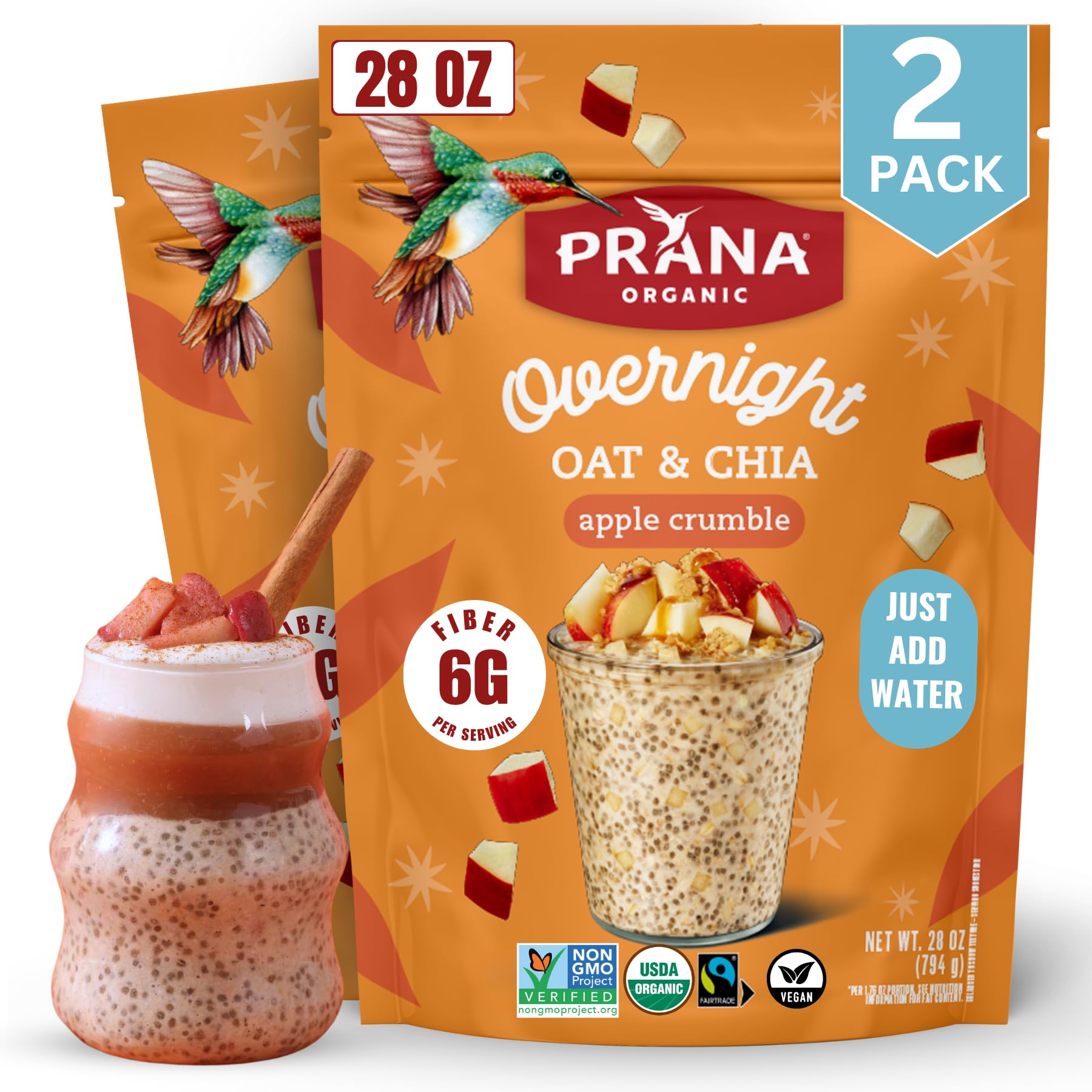 Prana Organic Overnight Chia with Oats Apple Crumble | Rich in Fiber & Protein, Vegan, Non-GMO | Ready to Eat Breakfast - 28 oz 