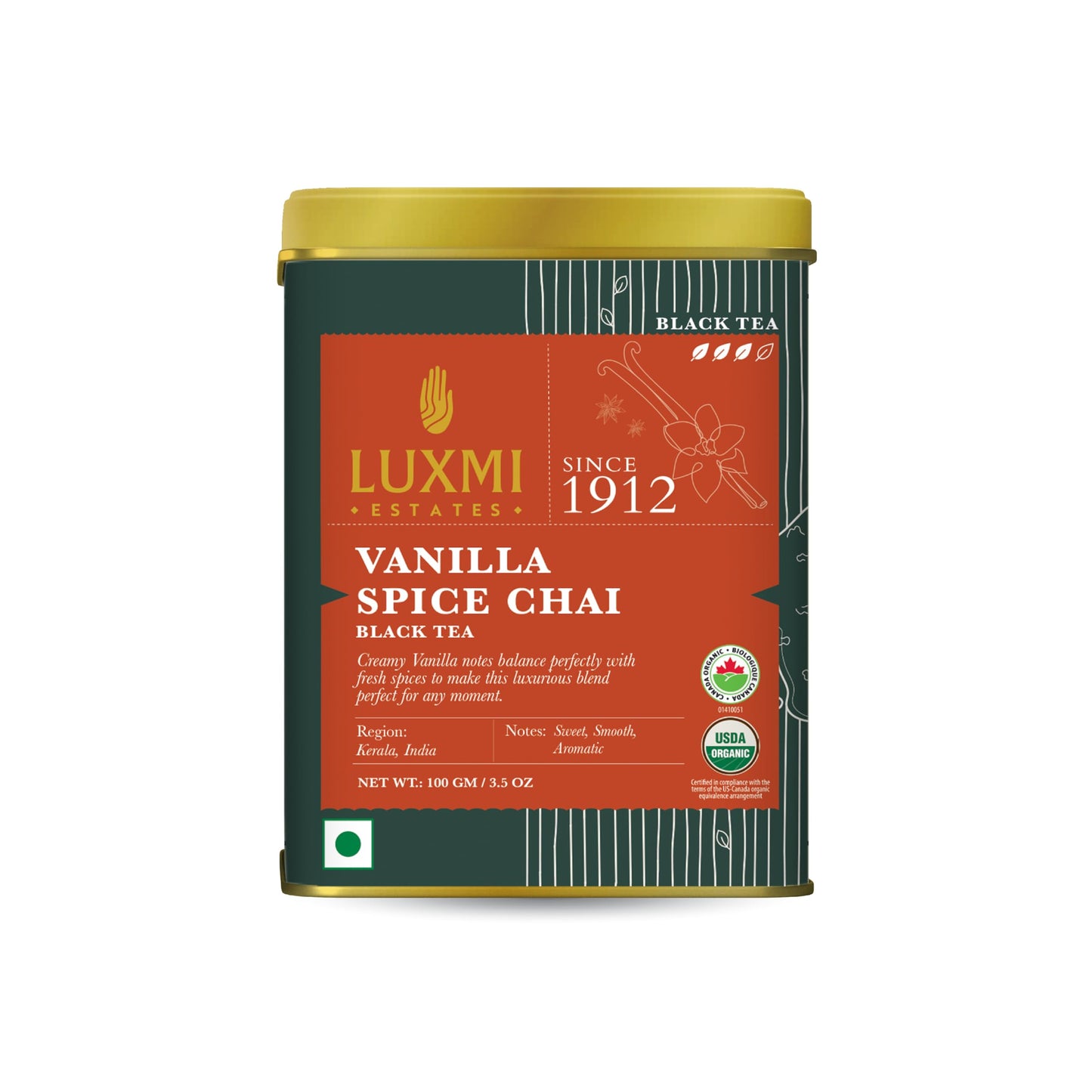 Luxmi Estates Vanilla Spice Chai 100Gm Loose Leaf Tin | Certified Organic Black Tea Leaf | Smooth, Flavorful, Robust, Caffeinate