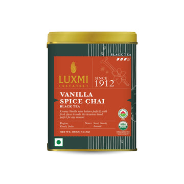 Luxmi Estates Vanilla Spice Chai 100Gm Loose Leaf Tin | Certified Organic Black Tea Leaf | Smooth, Flavorful, Robust, Caffeinate