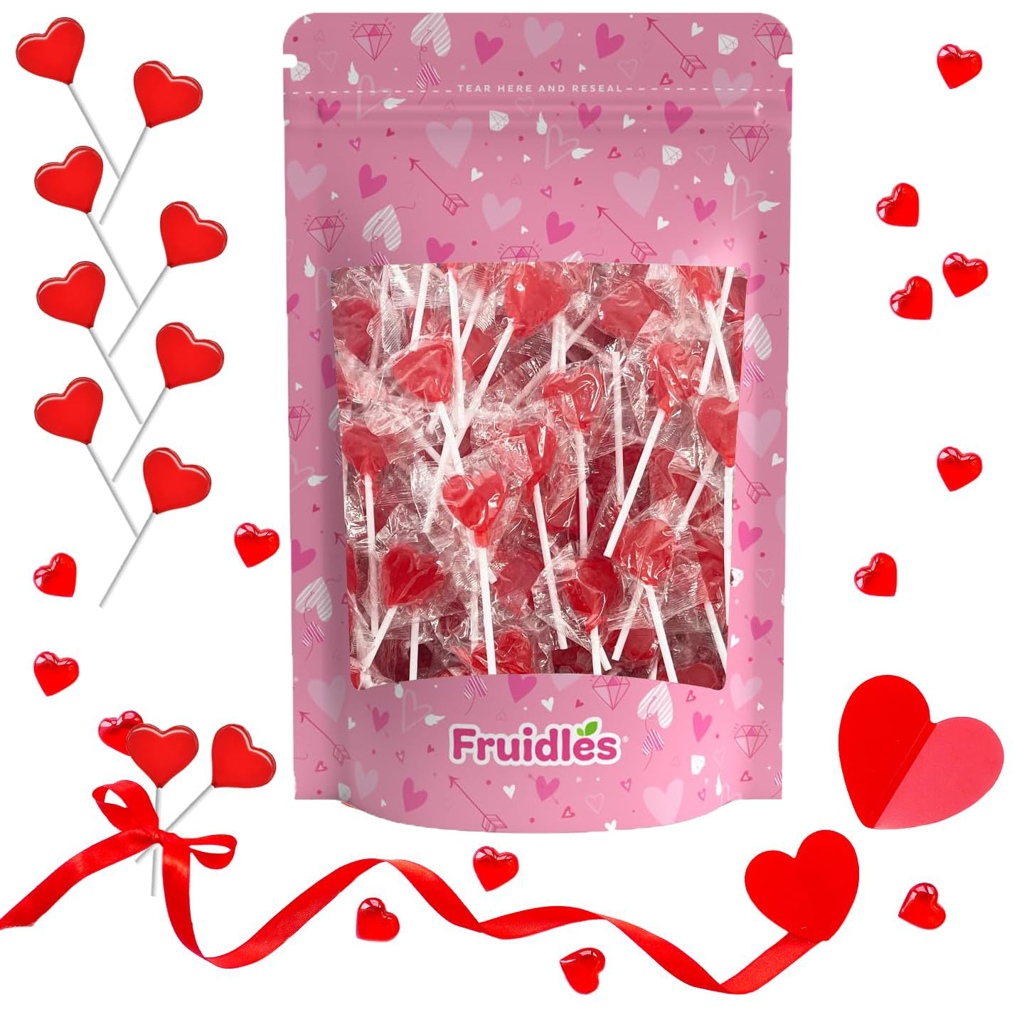 Fruidles Valentine'S Heart Lollipops Candy, Red Heart Shaped Hard Candy Lollipop Suckers, Individually Wrapped, 12G Lollipop (Ha
