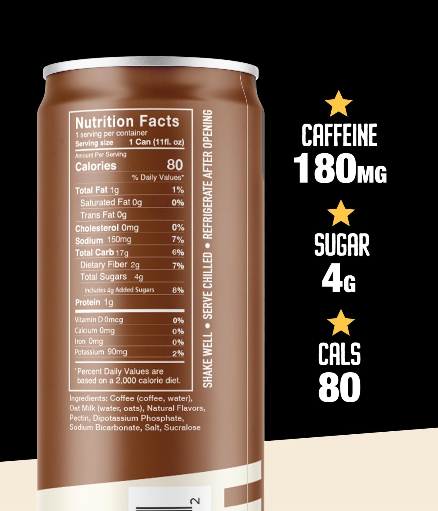 Loco Life Brew Mocha Oat Milk Latte Cold Brew Coffee, Medium Roast, 180mg Caffeine, 11oz Can, 12 Count, Gluten Free, Low Sugar