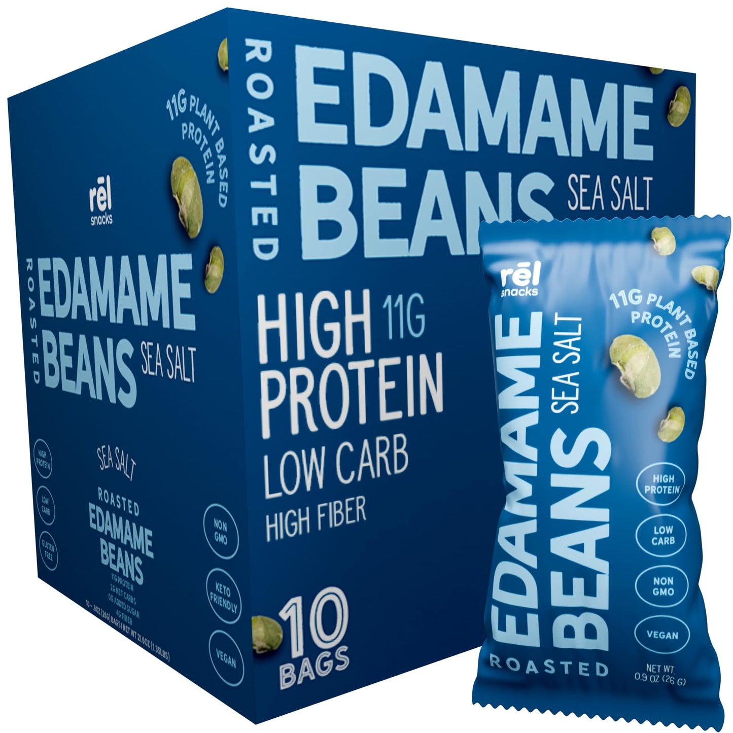 Rel Snacks Sea Salt Roasted Edamame - High Protein Low Carb Snack (11g Protein per Serving) - Keto-Friendly, Vegan, Non-GMO - 10