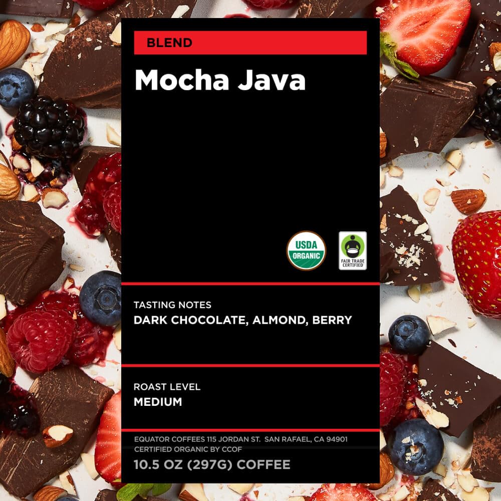 Equator Coffees, Mocha Java Blend, Organic Whole Bean Coffee, Medium Dark Roast, Fresh Roasted, Dark Chocolate & Berry Flavor Notes, Sustainable And Fair Trade Certified, 10.5 Oz Bag