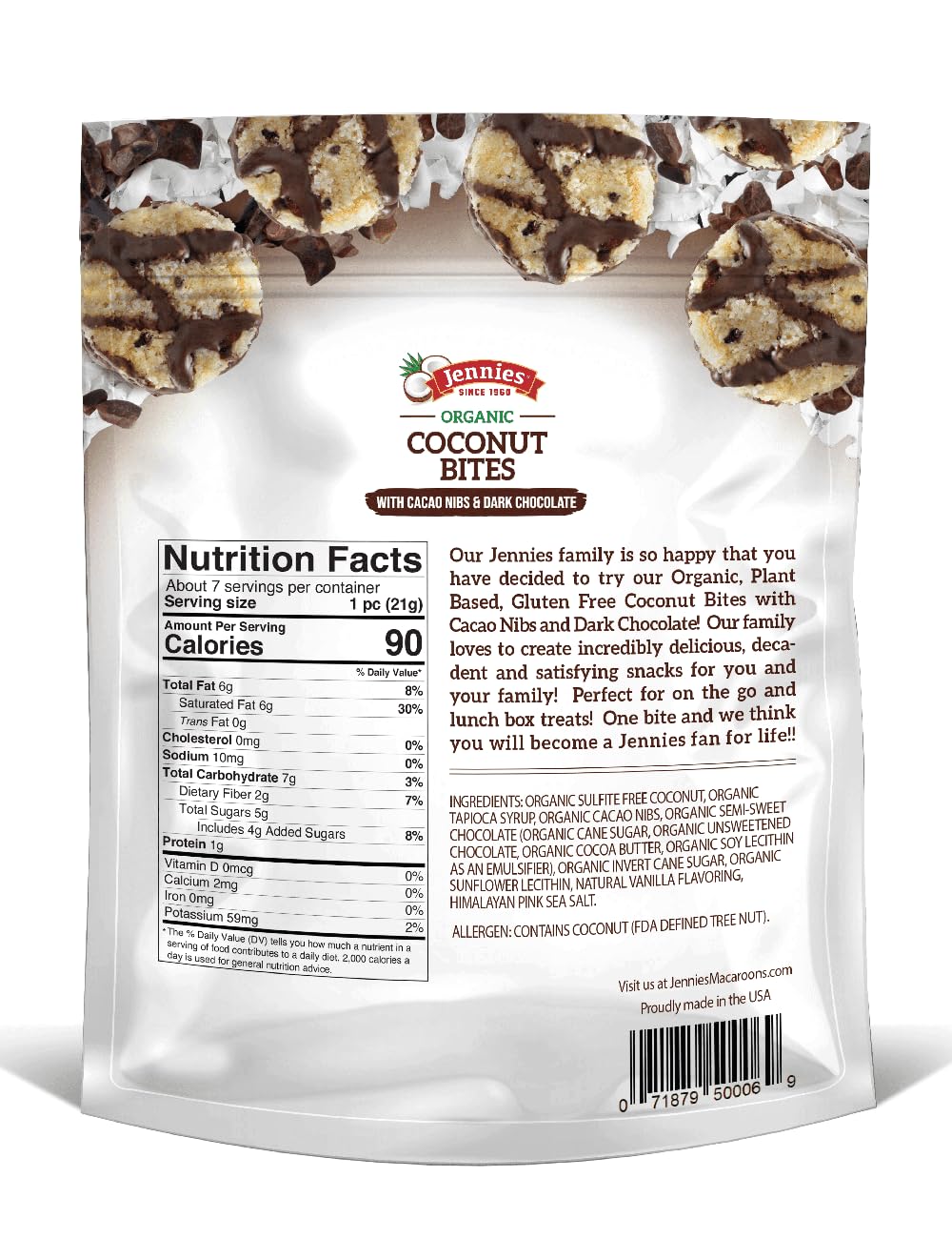 Jennies Organic Coconut Bites With Cacao Nibs, 5.25Oz Glten Free, Non-Gmo, Peanut Free, Kosher