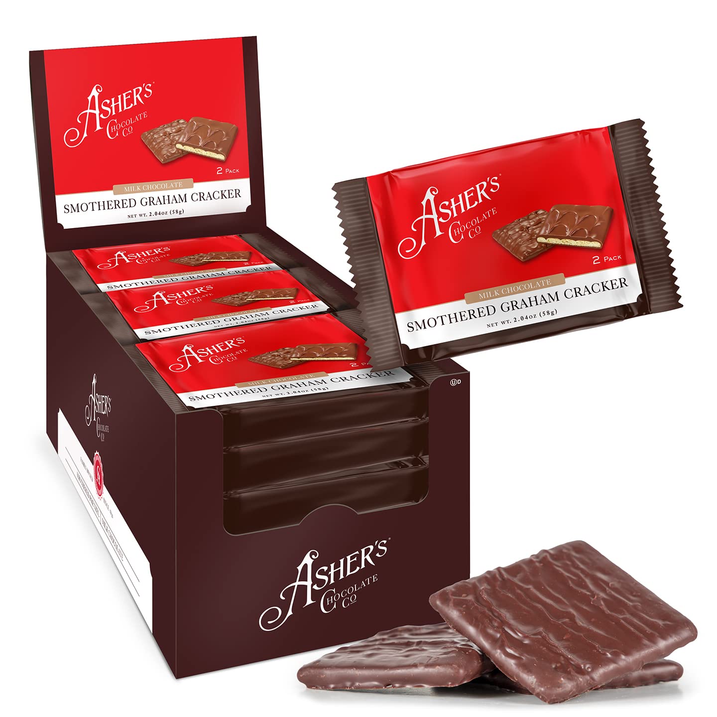 Ashers Chocolates Chocolate Covered Grahams, Milk Chocolate, 15 Count, 2 Packs, Gourmet Snack, Family Owned Since 1892