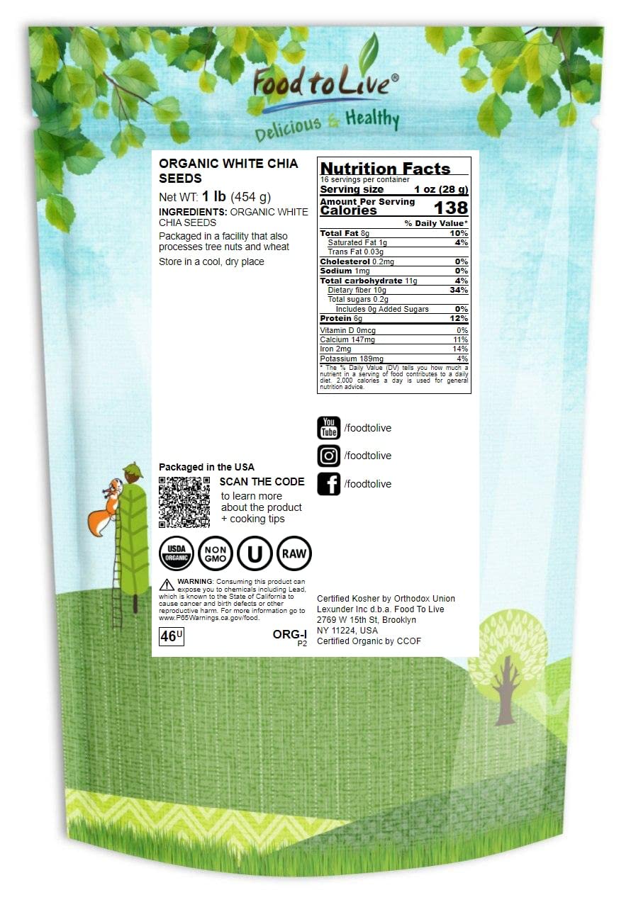 Food To Live Organic White Chia Seeds, 1 Pound - Whole, Raw, Kosher, Keto, Sirtfood, Vegan, Bulk. Rich In Omega 3, Omega 6, Diet