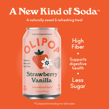 OLIPOP Prebiotic Soda, Strawberry Vanilla, 12 Fl Oz (Pack of 12), Gluten Free, Vegan, Packed with Fiber & Botanicals