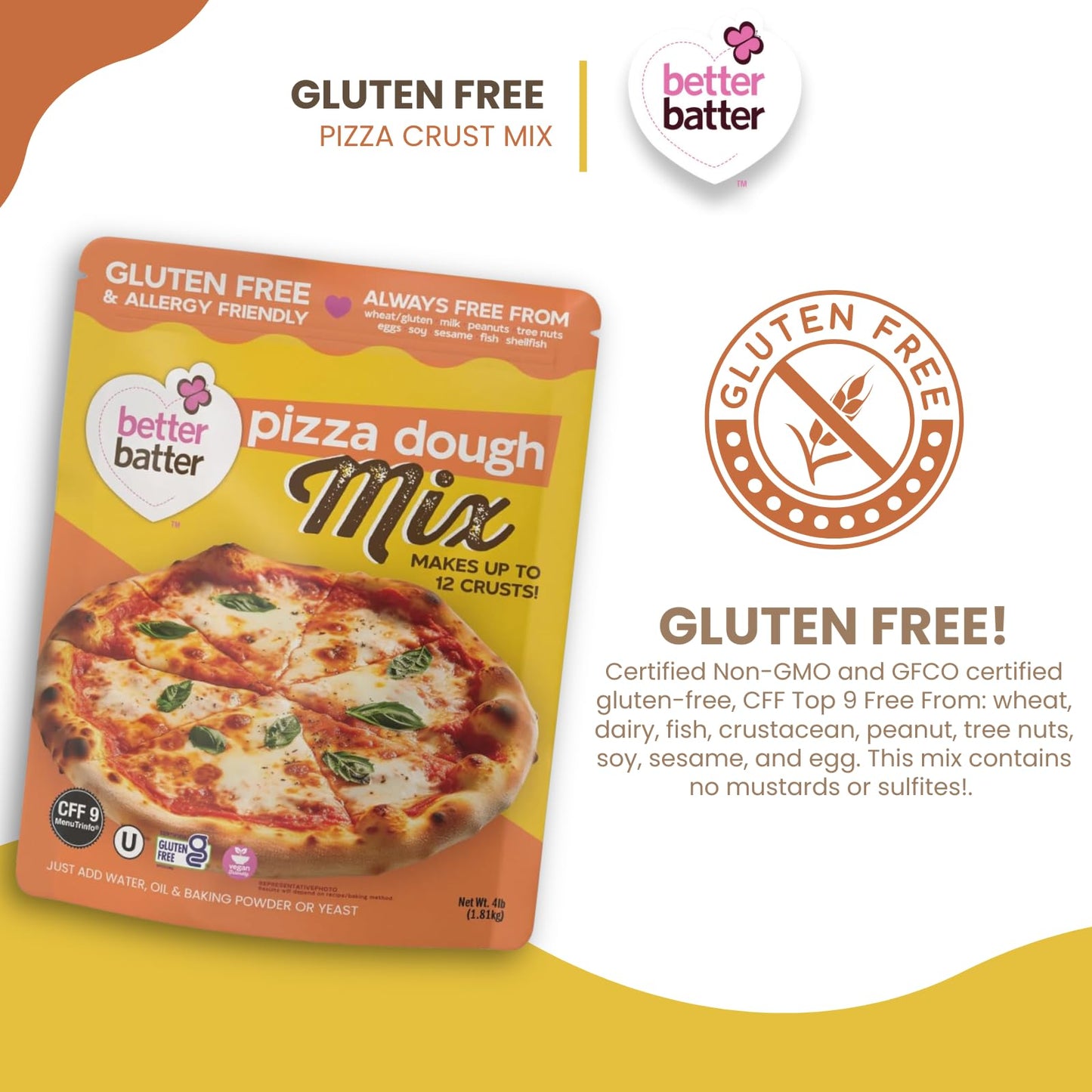 Better Batter Pizza Crust Mix | Certified Kosher, Vegan & Gluten Free Mix For Baking Top 9 Allergen-Free Perfect For 14'' Pizzas