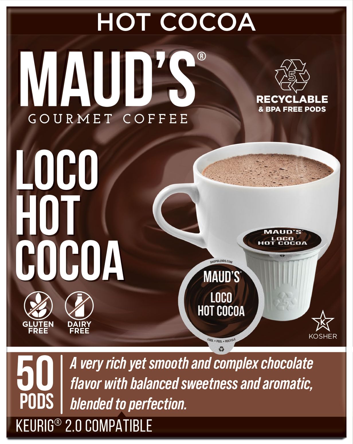 Maud'S Dark Hot Chocolate Pods, 50Ct. | Single Serve Gluten & Dairy Free Hot Cocoa | 100% California Blended Hot Chocolate | Sol