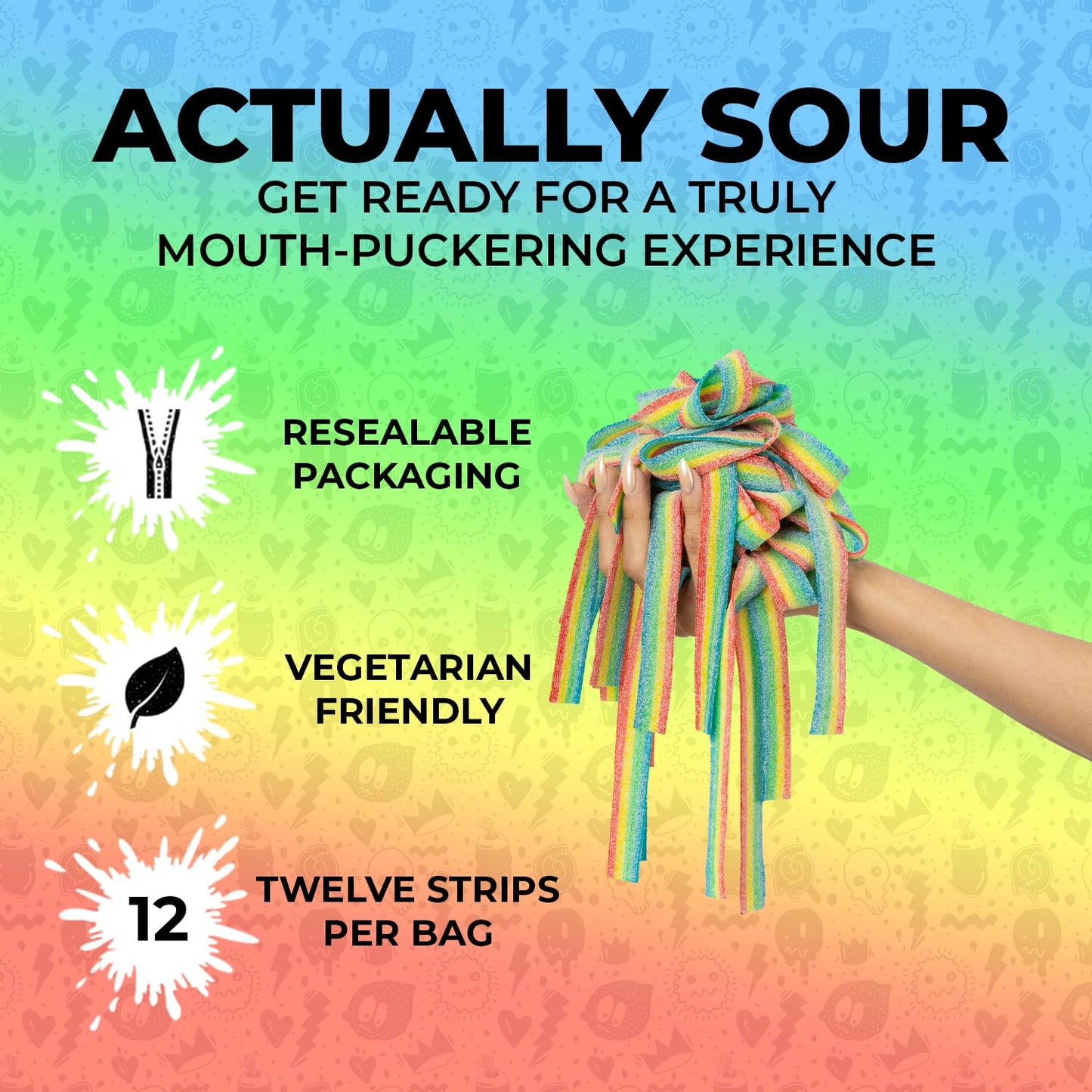 SOUR STRIPS Sour Candy Strips, Chewy Vegetarian Belts, Rainbow Flavor, 3 Pack
