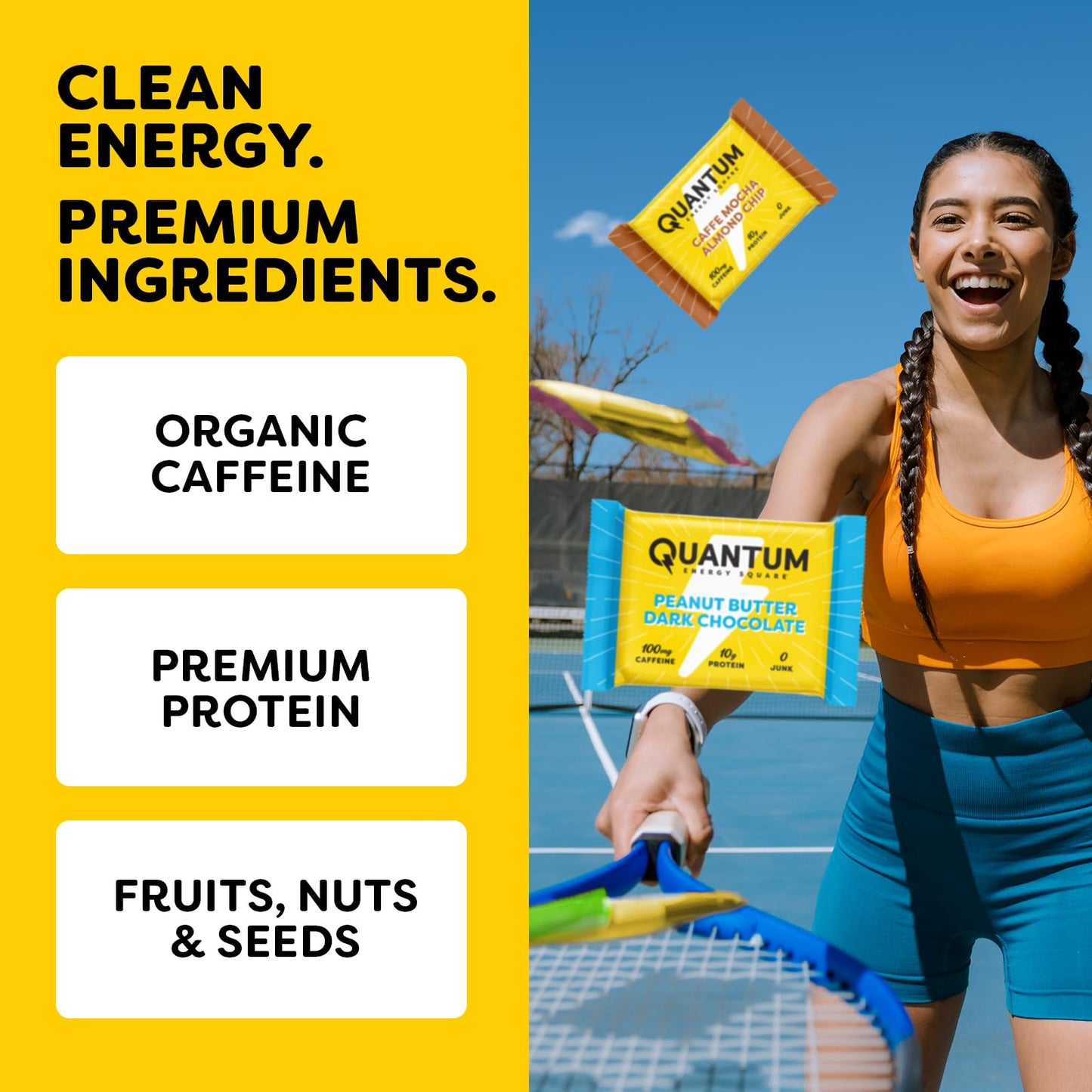 Quantum Energy Square: Energy Bar With Caffeine & 10G Protein. Delicious Healthy Snack On The Go. (Vegan, Gluten-Free, Soy-Free, Dairy-Free) (Variety 8-Pack)