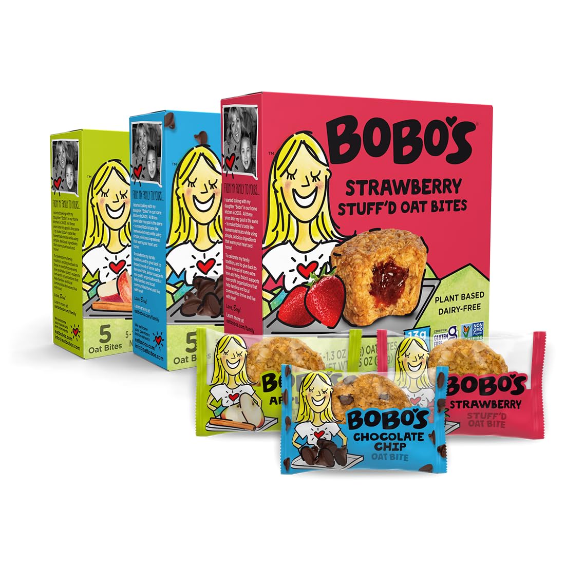 Bobos Oat Bites Stuffd Variety Pack (Strawberry, Original Chocolate Chip, and Apple Pie), Pack of 30 (1.3 oz Bites), Gluten Fr