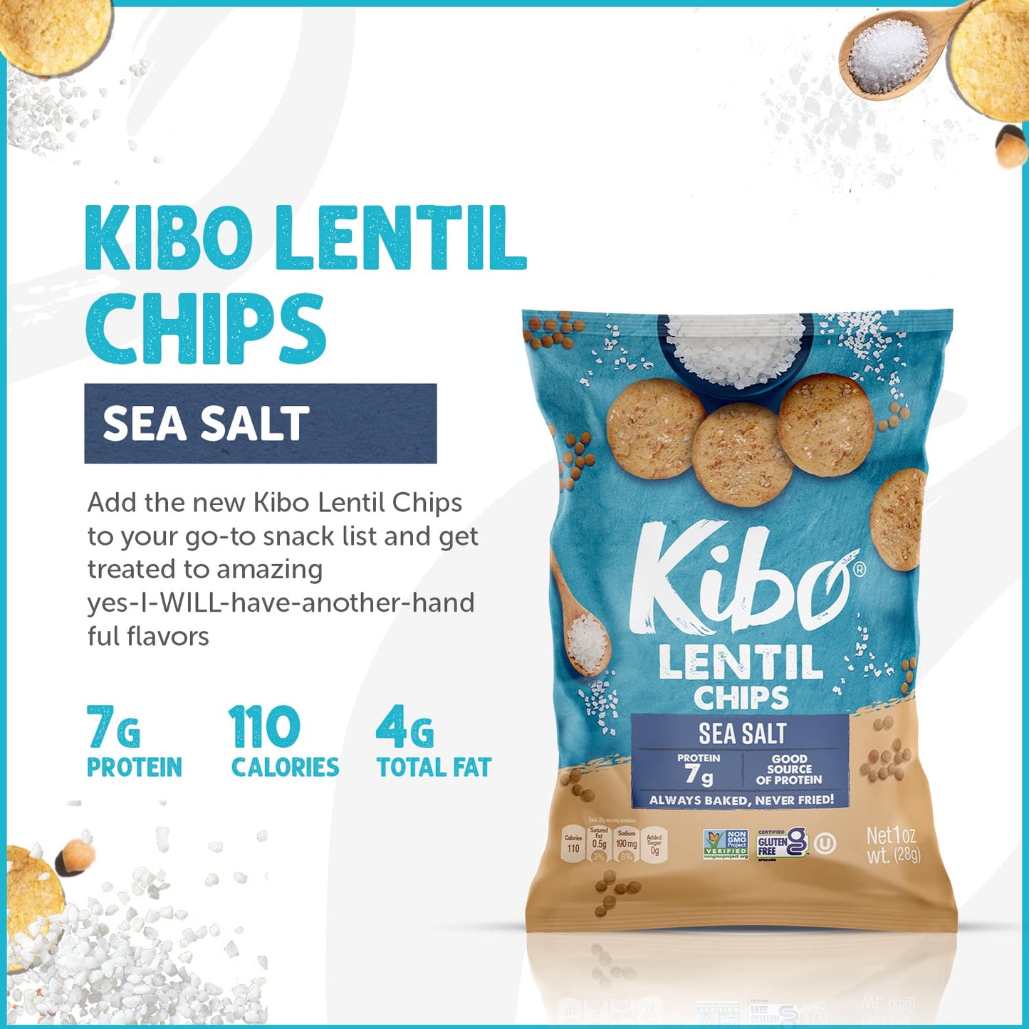 KIBO Sea Salt Flavor Gluten Free Non GMO Plant Based Lentil Chips 28 grams, 12 pack