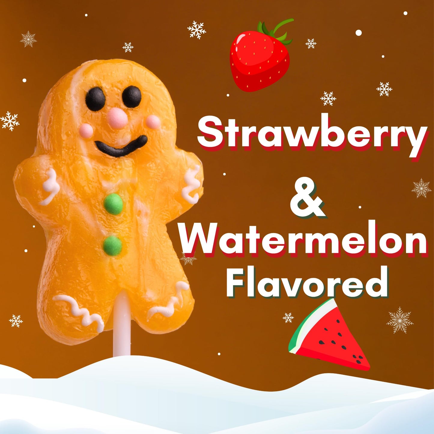Sweetzo Gingerbread Man Christmas Lollipops, Strawberry & Watermelon, 24 Count, Individually Wrapped, Holiday Party Favors