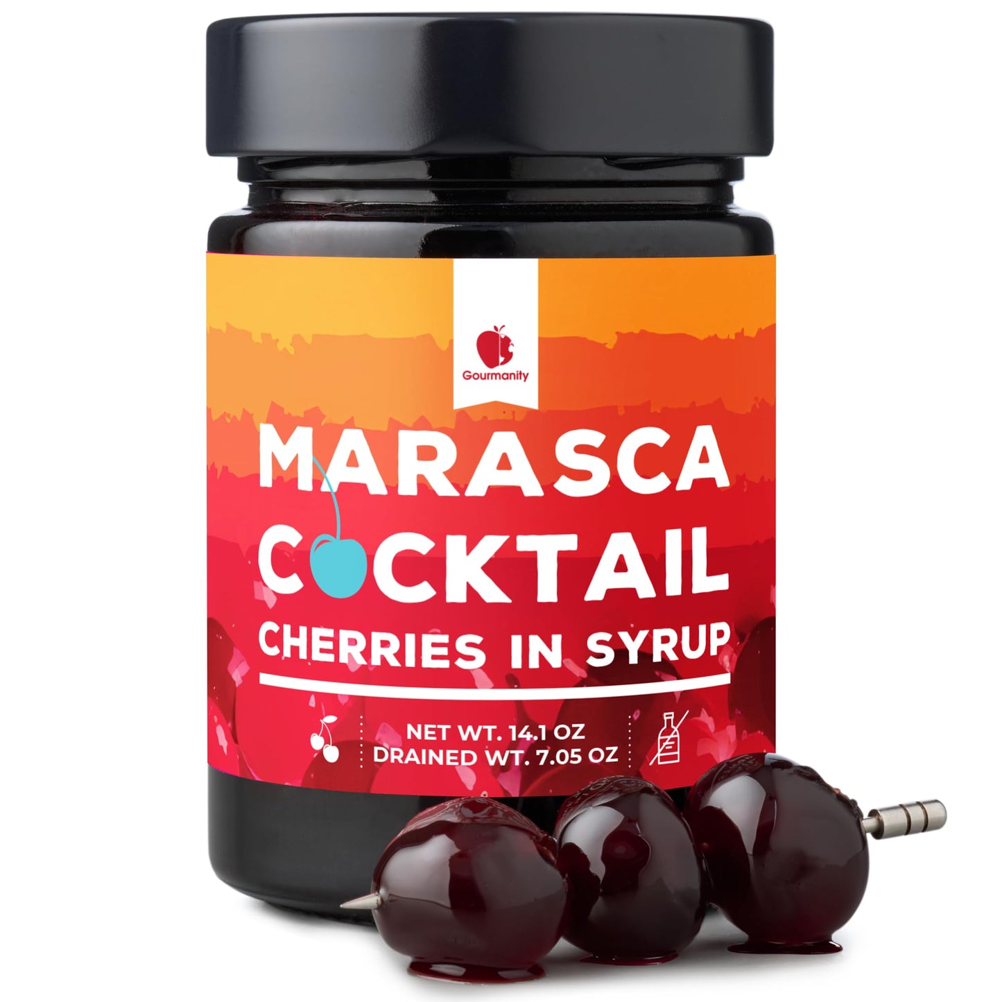Gourmanity Cocktail Maraschino Cherries  Made from Italian Grown Marasca Cherries. Use in Manhattan  Old Fashioned  and Desserts (14.1oz Jar)