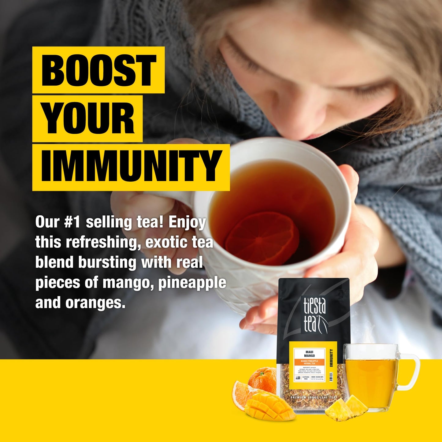 Tiesta Tea Maui Mango | Loose Leaf | Mango Pineapple Herbal Tea | Premium Non-Caffeinated Fruit Blend | Makes Hot Or Iced & Brews Up To 200 Cups | 16 Ounce Resealable Bulk Pouch