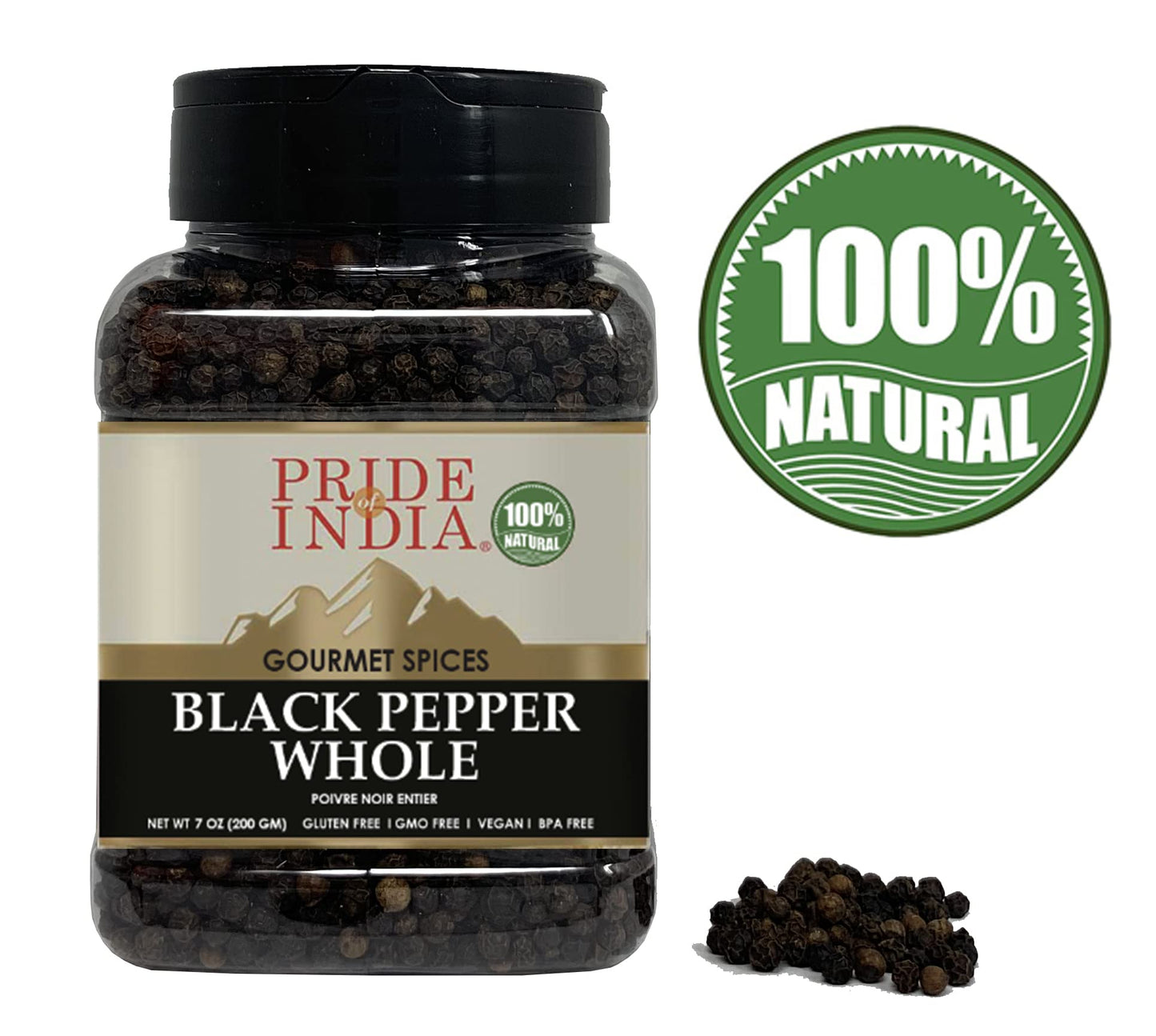 Pride Of India - Black Peppercorn Whole - Gourmet & Culinary Spice - Full Bodied, Dried & Flavorful - Preservatives & Gluten Fre