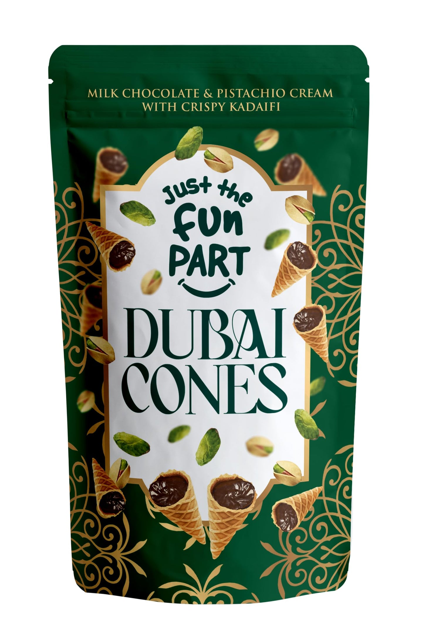 Just The Fun Part | Bite-Size Crispy Mini Waffle Dubai Cones | Filled With enhanced Belgian Milk Chocolate & Pistachio Cream with Crispy Kadaifi| 4.23 Ounce (Pack of 2  Dubai Cones)