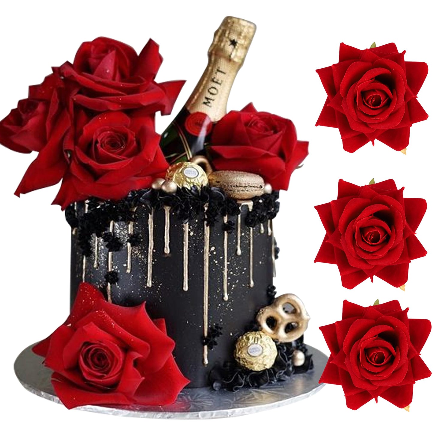 Rsstarxi Red Rose Cake Topper - 9 Pack Artificial Flowers for Wedding, Bridal Shower, Birthday, 2.6 inches, Design 5