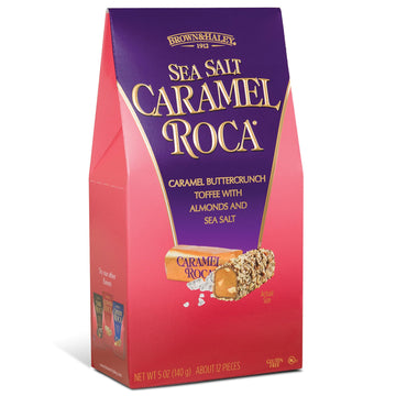 Brown & Haley Sea Salt CARAMEL ROCA Stand-Up Box - Chocolate Caramel Buttercrunch Toffee with Almonds and Sea Salt - Individuall