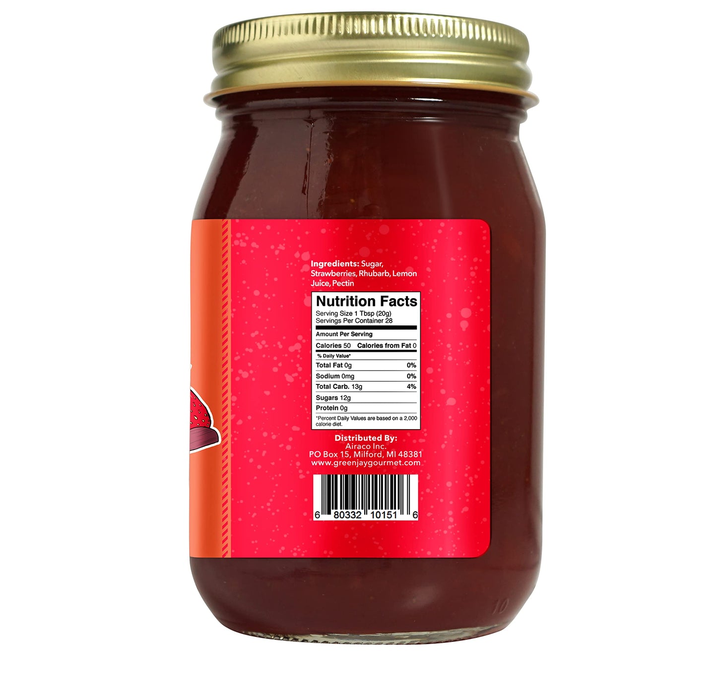 Green Jay Gourmet Strawberry Rhubarb Jam - All-Natural Fruit Jam With Strawberries, Rhubarb & Lemon Juice - Vegan, Gluten-Free S