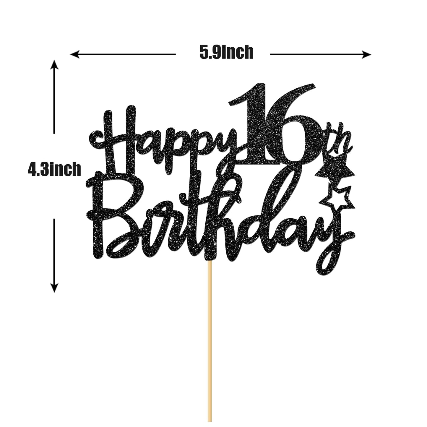 Black Glitter Happy 16Th Birthday Cake Topper, 16Th Anniversary, Sweet 16, Cheers To 16 Years Party Decorations