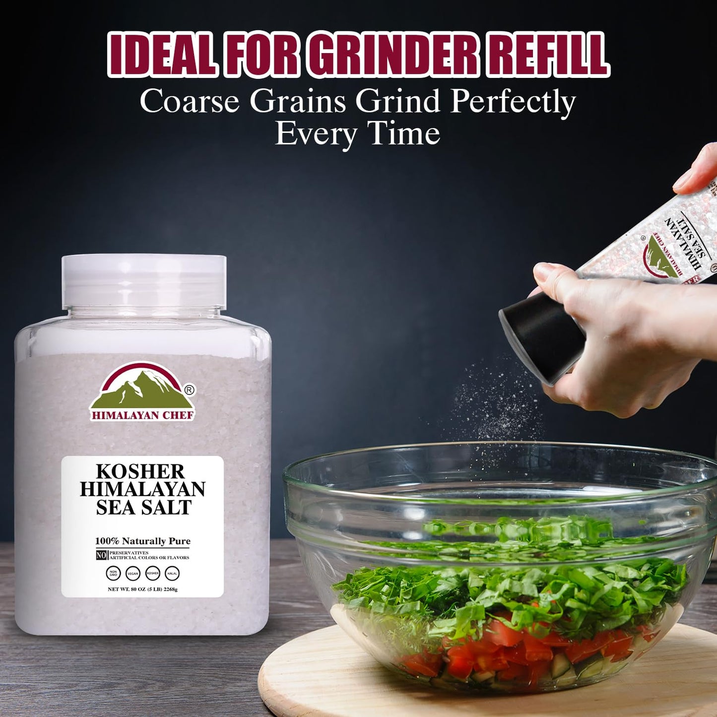 Himalayan Chef Kosher Sea Salt – Unrefined, Less Sodium, 5 lb Plastic Jar, Non-GMO Certified, Natural and Organic