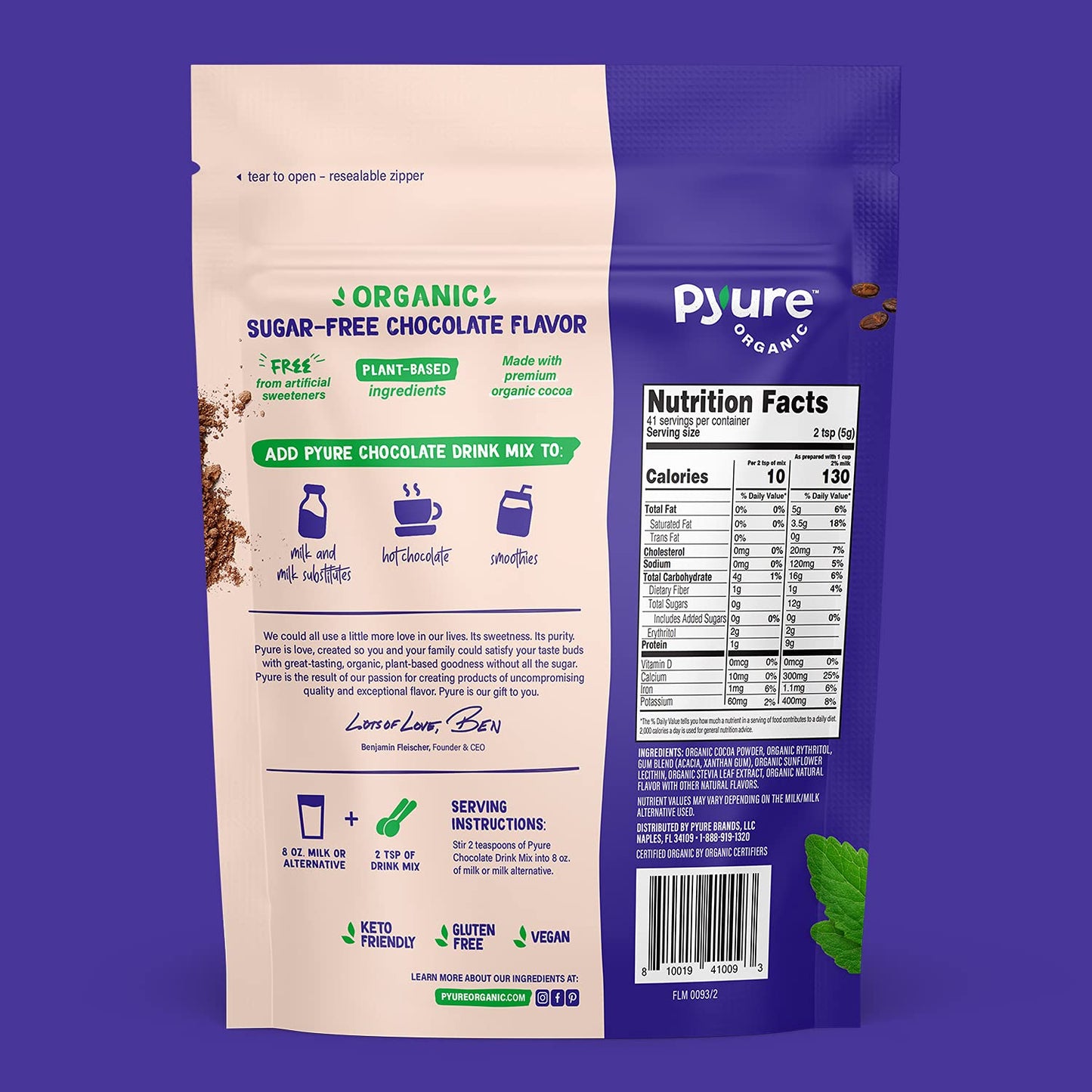 Organic Chocolate Drink Mix With Cocoa By Pyure | Sugar-Free, Keto, 1 Net Carb | 7.23 Ounce